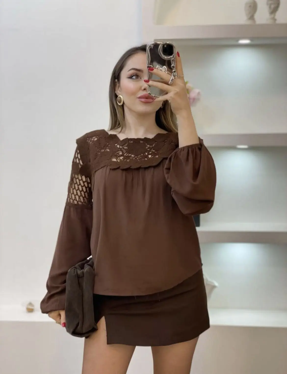 بلوز دانتل قلاب بافی قهوه ای